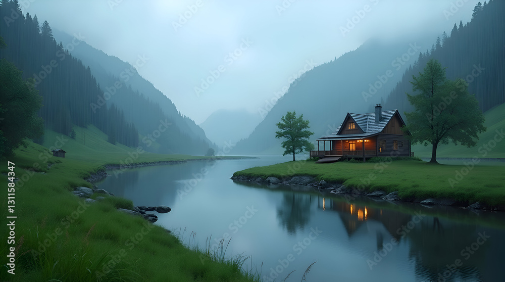 Fototapeta premium A Cozy Cabin Nestled in a Serene Norwegian Fjord, Surrounded by Snow-Capped Mountains, with a Tranquil Mountain Lake Reflecting the Landscape and a Charming Village in the Distance.