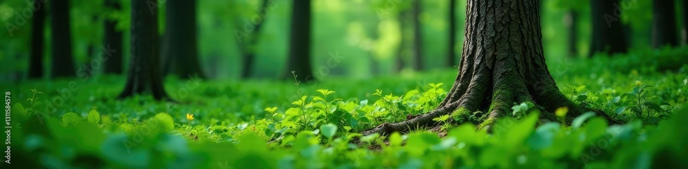 Lush green foliage surrounds a lone tree trunk, solitary, forest, greenery Lush green foliage surrounds a lone tree trunk, solitary, forest, greenery