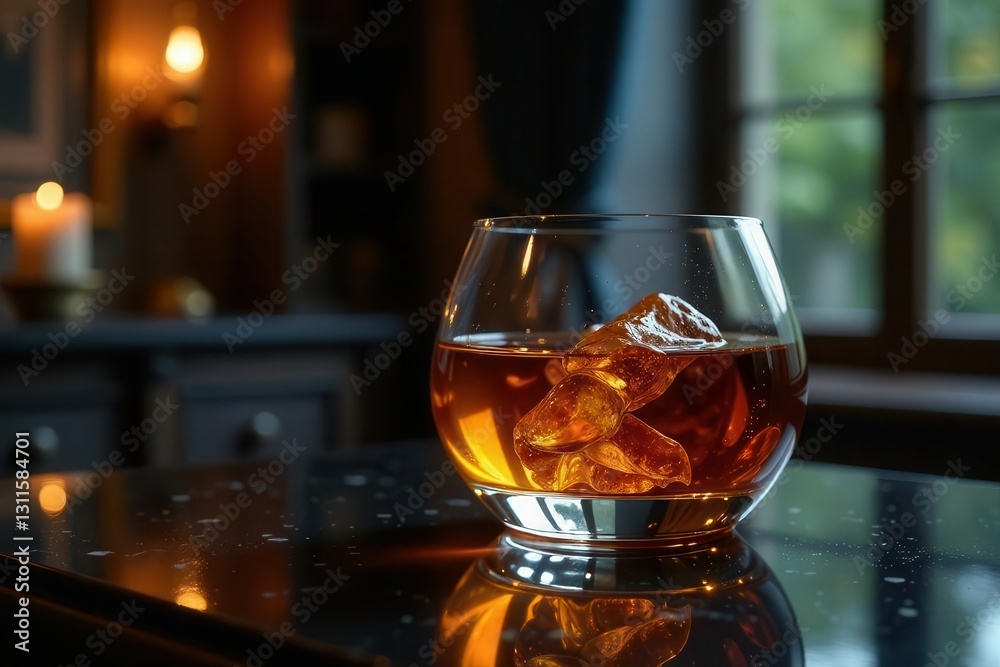 Amber Liquid with Ice Cubes in a Glass on a Dark Surface
