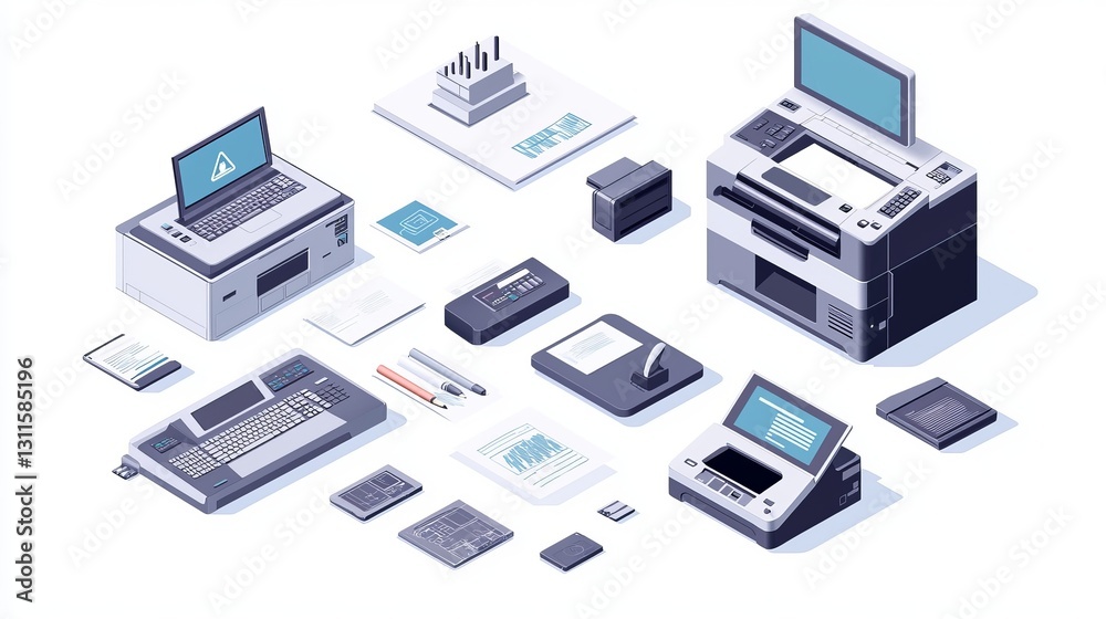 Isometric vector illustration of a printer printing on paper, showcasing office technology and digital laser equipment. Set of modern copiers, scanners, and design devices Isometric vector illustration of a printer printing on paper, showcasing office technology and digital laser equipment. Set of modern copiers, scanners, and design devices