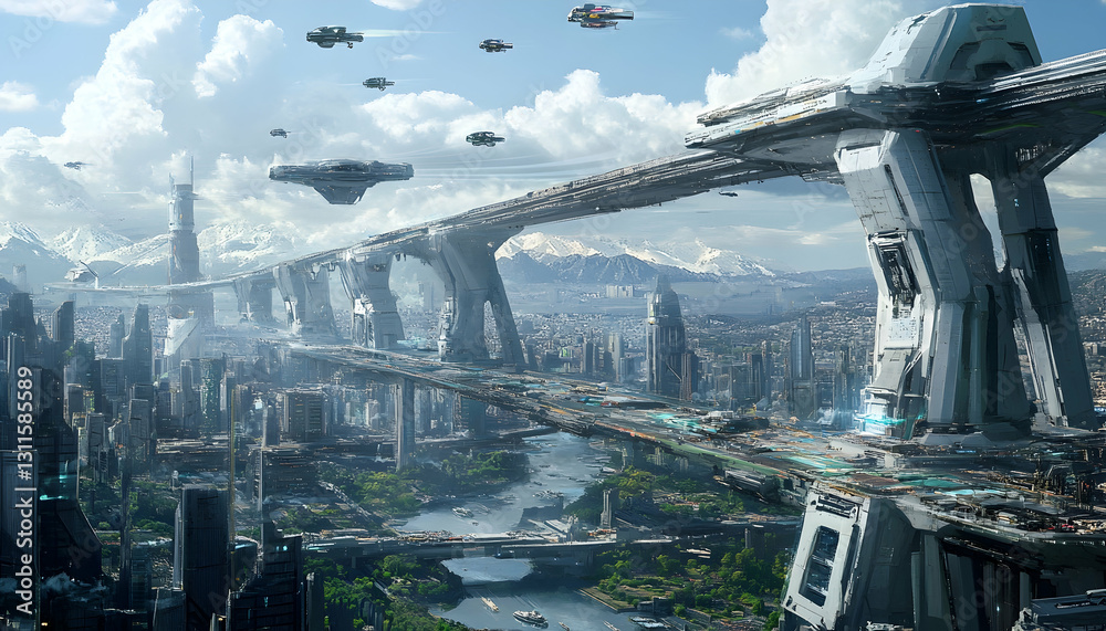 Fototapeta premium A futuristic city with a massive bridge and flying vehicles overhead -