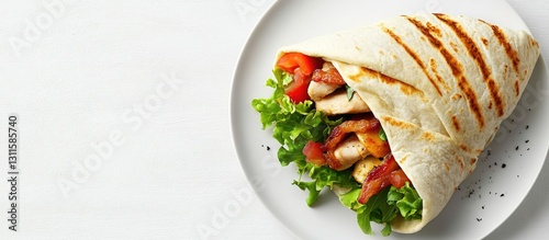 Homemade chicken and bacon wrap with fresh lettuce and tomatoes on a white plate against a light background, emphasizing simplicity and flavors.