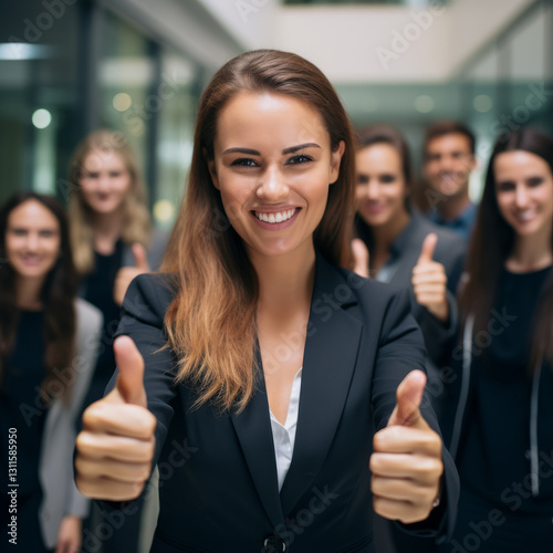 Triumphant Leadership: Businesswoman and Team Celebrate Success with Enthusiastic Thumbs Up