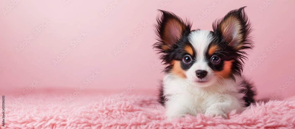 Adorable small papillon puppy with fluffy white and black fur, positioned on a soft pink background with gentle lighting for a cute aesthetic. Adorable small papillon puppy with fluffy white and black fur, positioned on a soft pink background with gentle lighting for a cute aesthetic.