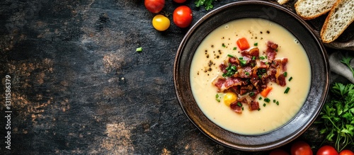 Bowl of creamy soup topped with crispy bacon and diced vegetables on a dark wooden table with fresh herbs and cherry tomatoes nearby
