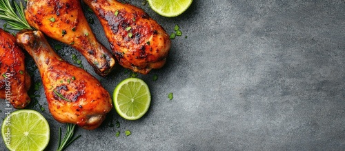 Grilled spicy chicken legs garnished with fresh rosemary and lime halves on a textured gray background with ample copyspace to the right