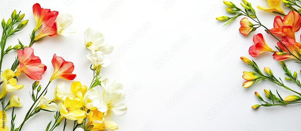 Colorful freesia flowers in vibrant hues of pink, white, and yellow arranged on a bright white backdrop, creating a fresh spring ambiance and space for text.