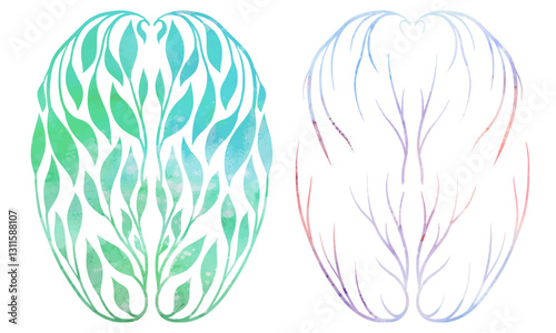 Vector set of watercolor healthy and unhealthy human brain from foliage and branches top view. Collection of colorful silhouette of Internal organ from leaves and branches.
