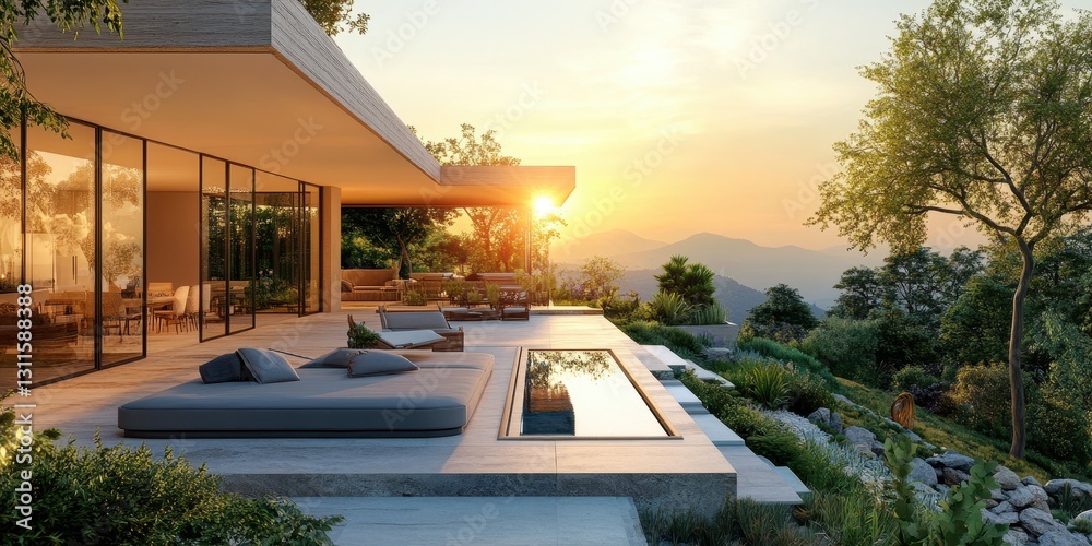 Fototapeta premium Stunning villa with sunken outdoor lounge, manicured garden, and breathtaking sunset backdrop.