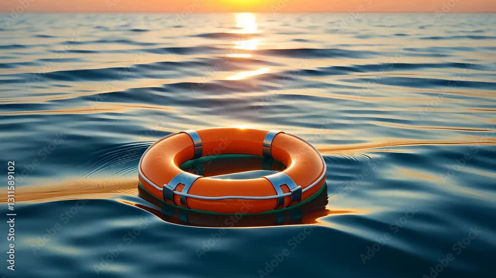 Bright orange life buoy floating on calm ocean water at sunset with golden reflections on gentle ripples
