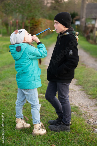 Two children engage in playful banter while enjoying a sunny afternoon outdoors, showcasing the joy of friendship and creativity in the countryside