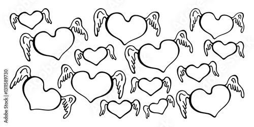Horizontal vector banner of black and white hearts with wings of different masses on a white isolated background