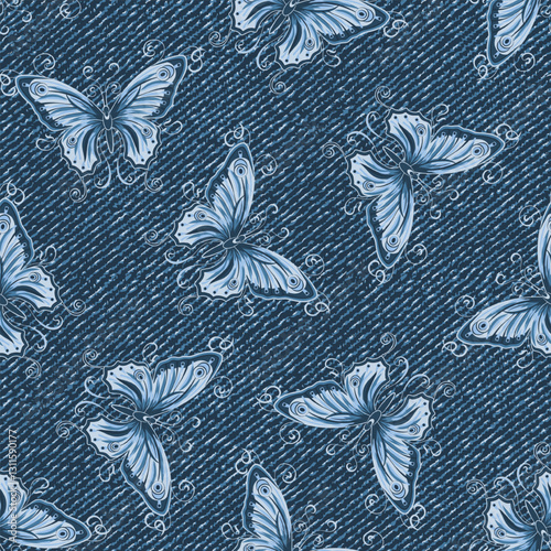 Seamless denim pattern with flying butterflies with spread wings, curled antennae. Random composition. Boho style. Dotted textured background.