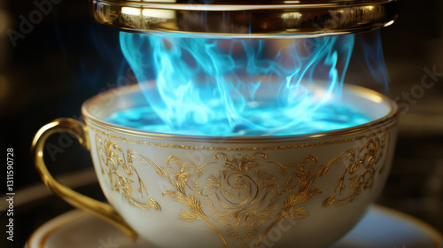 A luxurious gold-trimmed teacup emits swirling blue flames, blending elegance with a mystical theme.