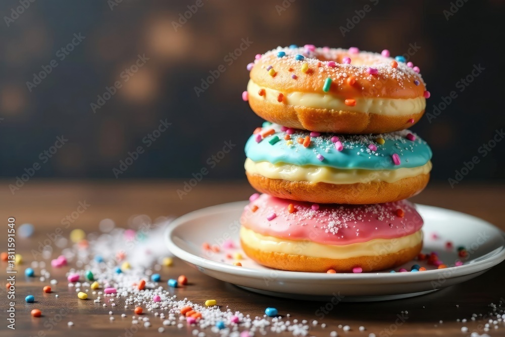 Stack of colorful donuts on a plate with sugar sprinkles,, sugar sprinkles, brunch