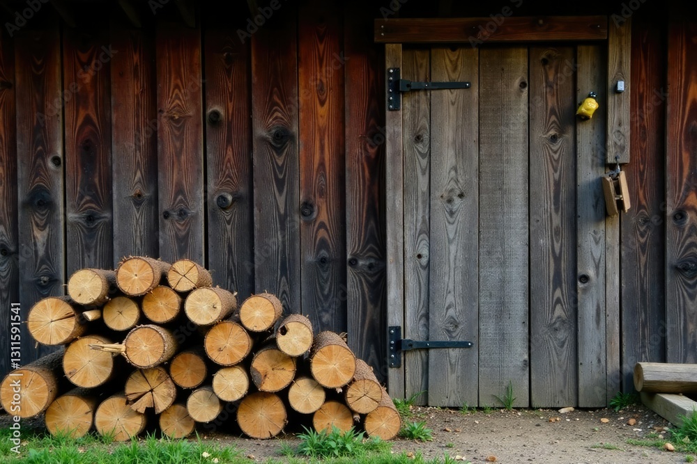 Stack of firewood against rustic wooden barn wall, barn wood, woodland scenery, farmhouse charm Stack of firewood against rustic wooden barn wall, barn wood, woodland scenery, farmhouse charm