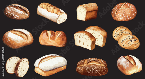 set of hand-drawn breads