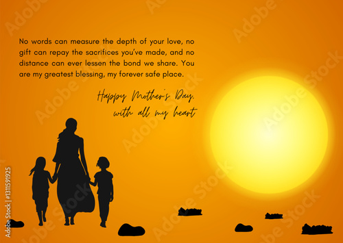 Happy mother's day greeting card template vector design illustration. Sunset background with mom and kids silhouette for mommy celebration card.
