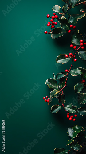 Decorative holly berries and leaves arrangement festive background photography green environment close-up view holiday theme photo