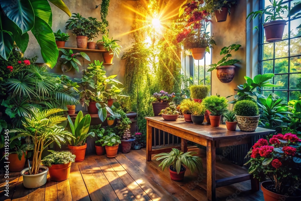 Sun-Drenched Room with Potted Plants on Table - Surreal Photography Sun-Drenched Room with Potted Plants on Table - Surreal Photography