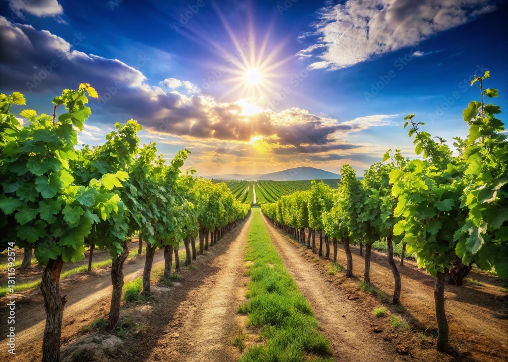 Naklejka premium Sun-Drenched Vineyard Landscape: Summer Blue Sky, Lush Vines
