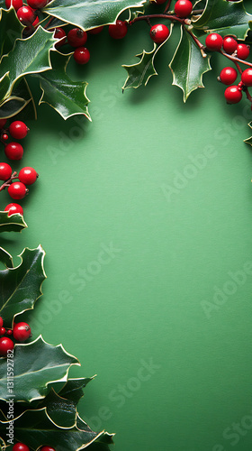 Festive holiday decoration christmas image of holly leaves and berries green background close-up seasonal joy
