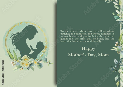 Happy mother's day greeting card template vector design illustration. Sage green background with mom and baby silhouette for mommy celebration card.