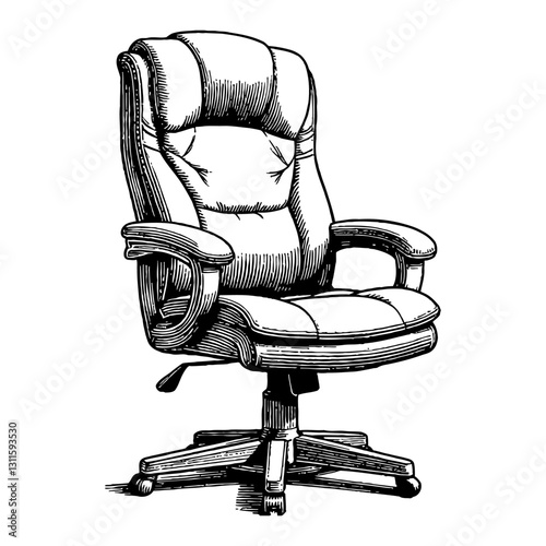Office Armchair with Swivel Base Seat Comfortable Upholstered Design Black and White Outline Line Art Drawing