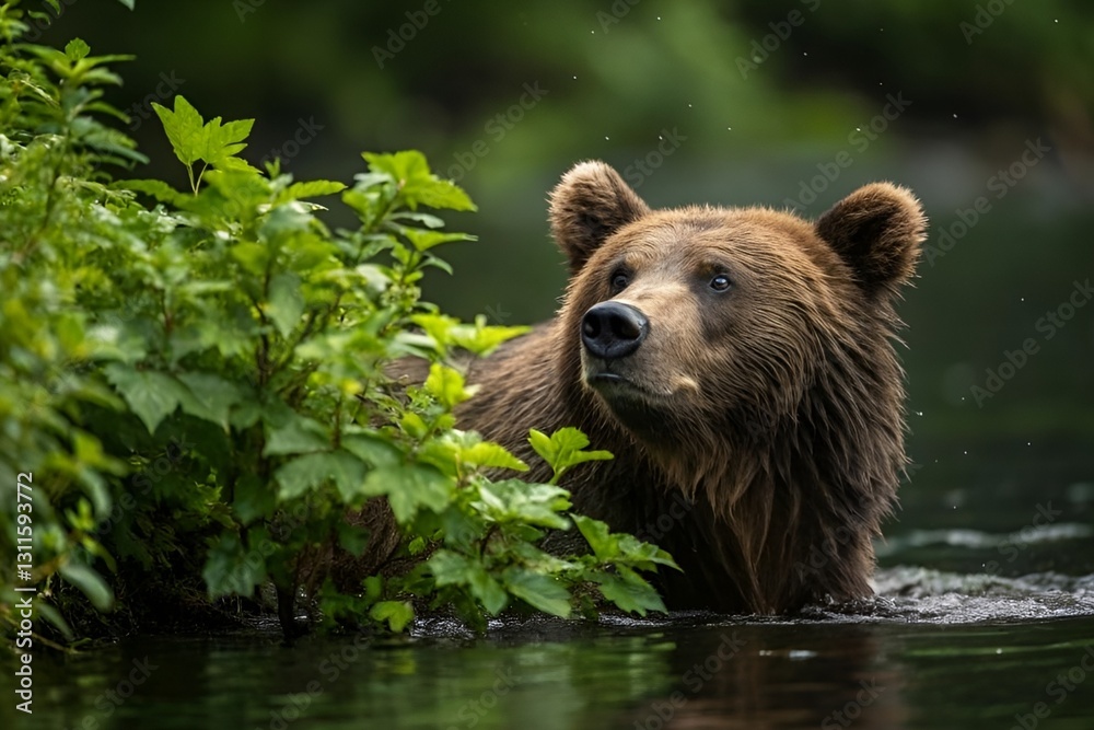 Obraz premium Majestic Brown Bear Emerging from Water in Lush Green Wilderness