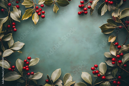 Festive red berries and green leaves arrangement natural setting decorative content seasonal vibe top-down view celebration concept