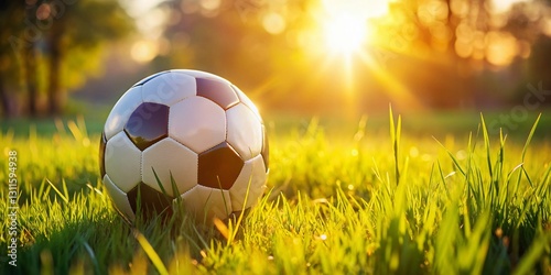 Sunlit Soccer Ball on Lush Green Grass Field - Candid Shot