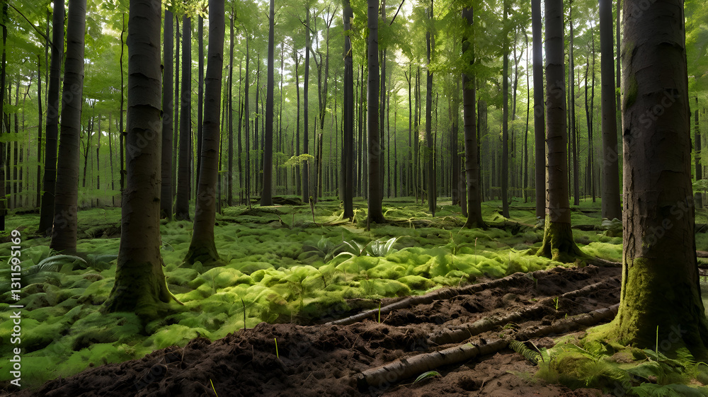 Obraz premium Lush forest with visible soil layers, symbolizing growth and sustainability in the tree wood business