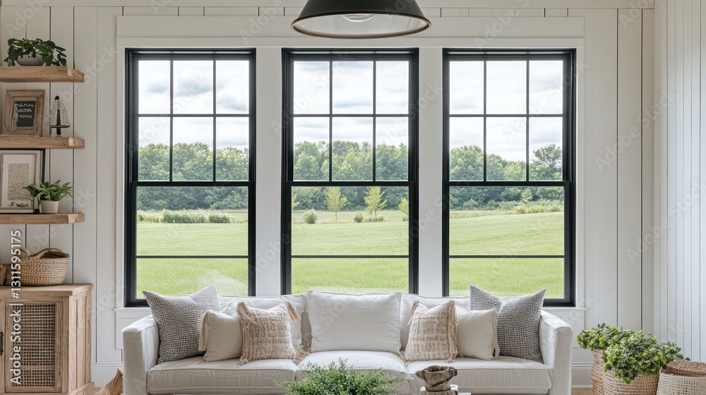 Modern farmhouse living room with large windows overlooking a field Modern farmhouse living room with large windows overlooking a field