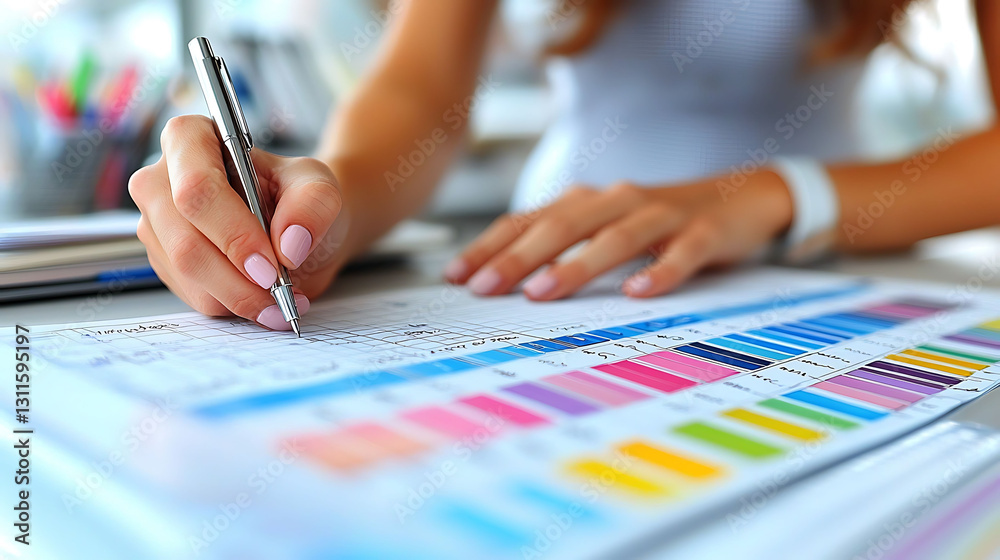 Closeup of womans hands meticulously filling a color chart, showcasing creativity and precision.  A vibrant metaphor for planning, design, and achieving goals.