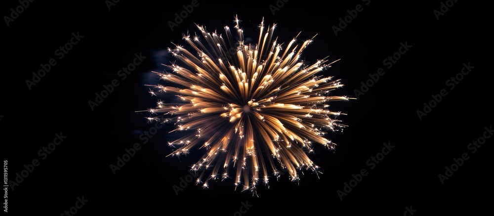Golden and silver fireworks explode in a bright starburst pattern against a black night sky, capturing the vibrancy of New Year celebrations. Golden and silver fireworks explode in a bright starburst pattern against a black night sky, capturing the vibrancy of New Year celebrations.