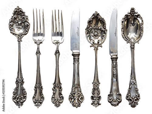 Elegant antique silver cutlery set against a black background.