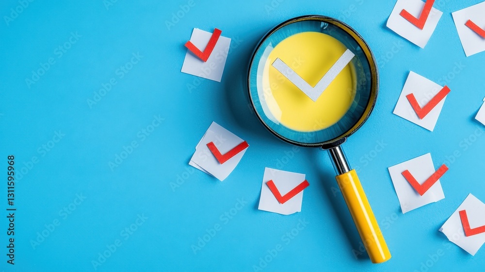 A magnifying glass focusing on a target surrounded by checkmarks, symbolizing goal achievement. A magnifying glass focusing on a target surrounded by checkmarks, symbolizing goal achievement.