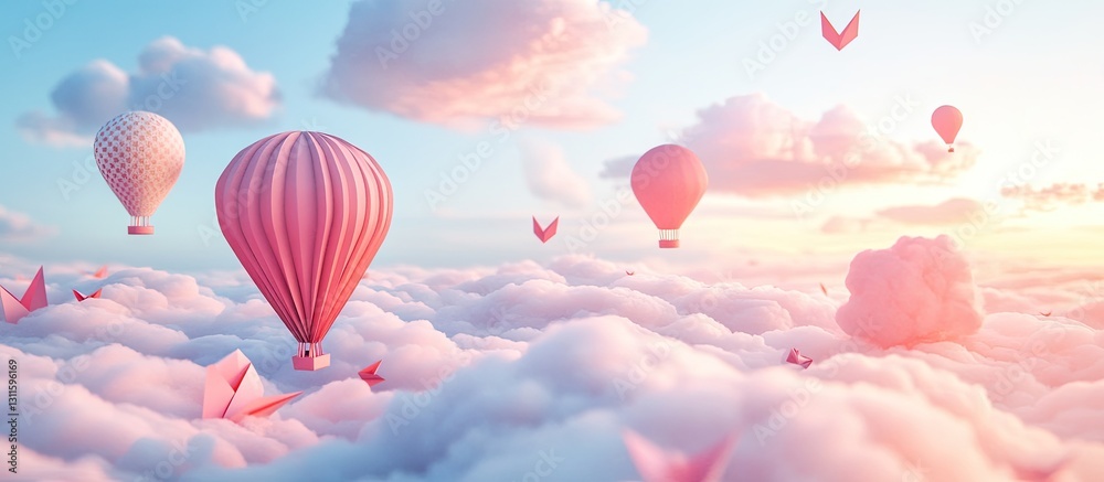 Fototapeta premium Colorful hot air balloons in shades of pink and red float among fluffy clouds in a soothing pastel sky at sunset creating a whimsical atmosphere.