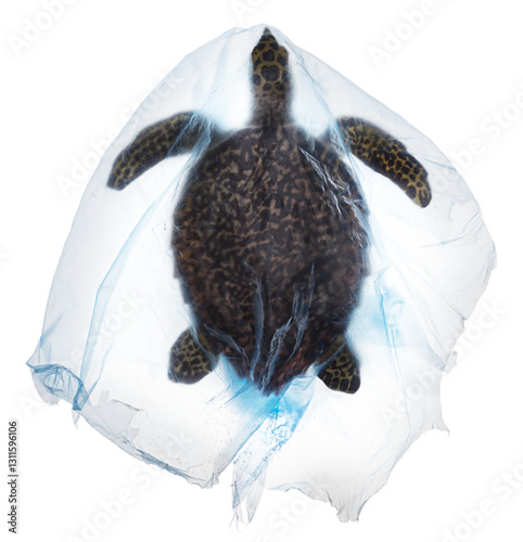 Photo of sea turtle trapped in large blue plastic bag for a campaign against plastic pollution in the ocean.  PNG files are easy to use and compatible with the content data used to compose the image.