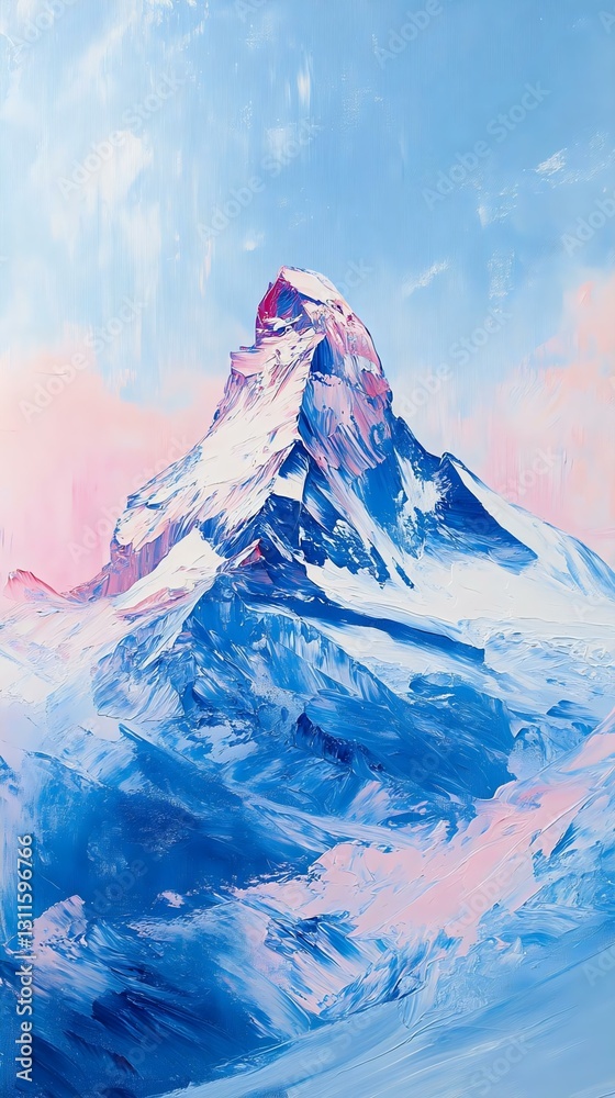 Obraz premium A vibrant, stylized painting of a majestic mountain peak with soft pastel hues in the sky, showcasing an artistic interpretation of nature's beauty.