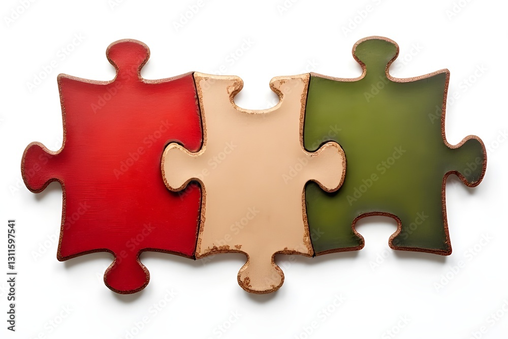 Obraz premium Three puzzle pieces fitting together in red, beige, and green colors