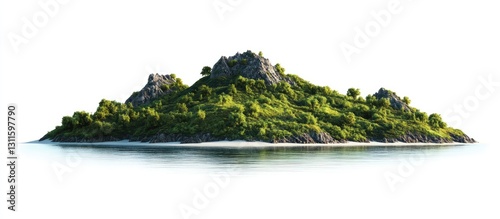 Lush green island with rocky hills surrounded by calm blue waters isolated on white background ideal for photo montages and graphics designs
