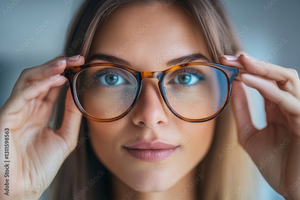 Stylish Woman Adjusting Brown Tortoise Glasses Fashionable Eyeglasses Portrait Closeup Eyes Look Girl Face Stylish Woman Adjusting Brown Tortoise Glasses Fashionable Eyeglasses Portrait Closeup Eyes Look Girl Face