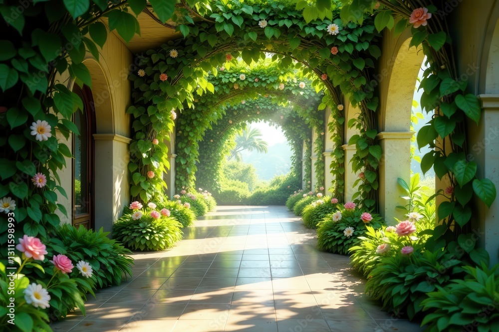 Fototapeta premium Sunlit Pathway Through a Lush, Floral Archway in a Serene Garden Setting