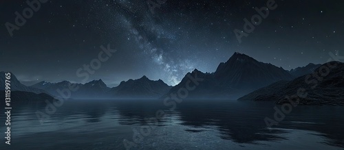 Majestic mountains silhouetted against a starry night sky with the Milky Way arching overhead, reflections shimmering in calm water below.