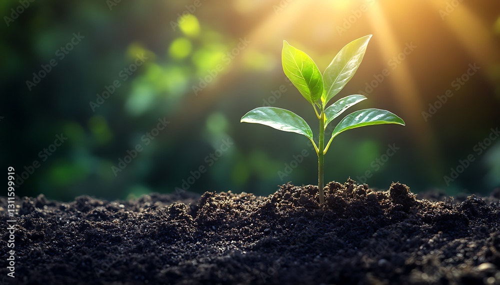Vibrant Green Seedling Emerging from Dark Soil in Sunlight Vibrant Green Seedling Emerging from Dark Soil in Sunlight