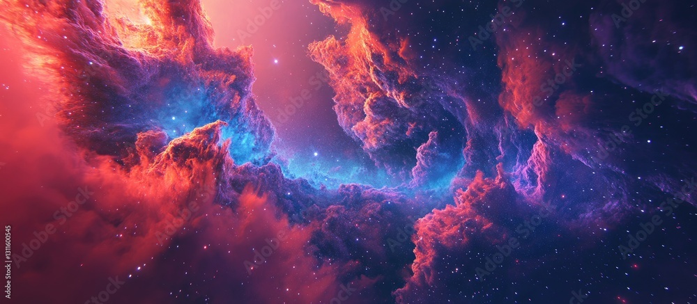 Stunning cosmic nebula with vibrant hues of red and blue swirling in a captivating display of celestial beauty against a starry backdrop. Stunning cosmic nebula with vibrant hues of red and blue swirling in a captivating display of celestial beauty against a starry backdrop.