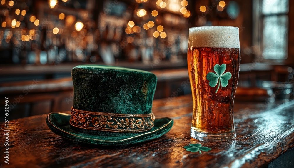 Pint of beer with a green Irish hat and shamrock on a rustic pub table celebrating St. Patrick's Day in a festive atmosphere Generative AI