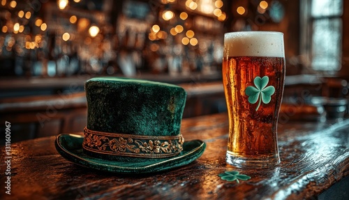 Obraz na płótnie Pint of beer with a green Irish hat and shamrock on a rustic pub table celebrating St. Patrick's Day in a festive atmosphere Generative AI w salonie