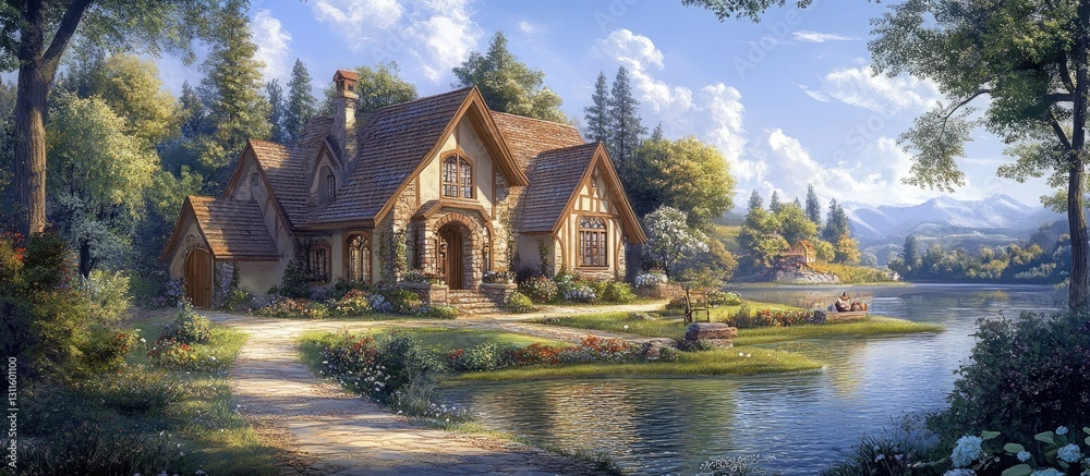 Fototapeta premium Charming lakeside cottage surrounded by lush green trees under a bright blue sky with fluffy clouds inviting potential home seekers.